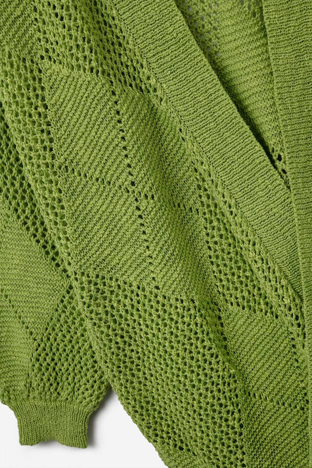 Cardigan drappeggiato verde lime con disegno all'uncinetto