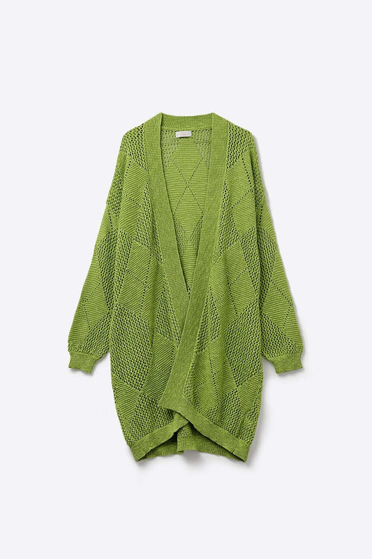 Q2 Cardigan drappeggiato verde lime con disegno all'uncinetto