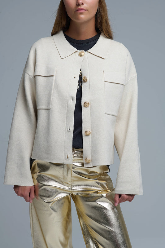 Q2 Cardigan formale rilassato in maglia con tasche sul petto in beige