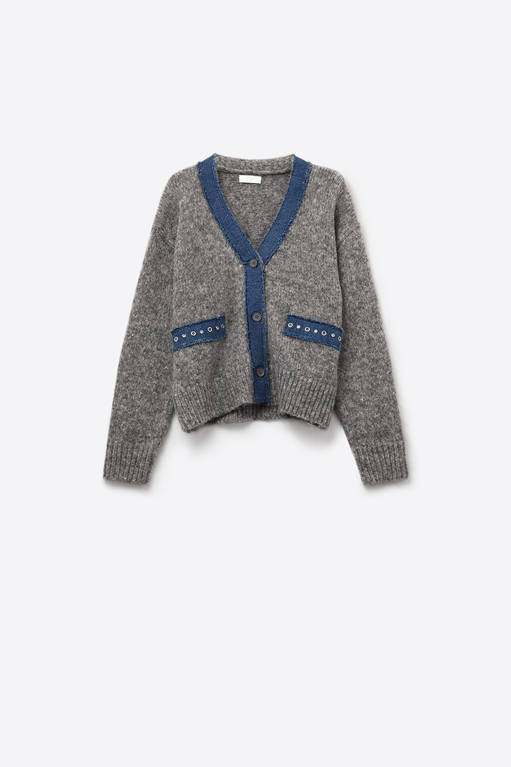 Q2 cardigan grigio con dettagli in tessuto denim