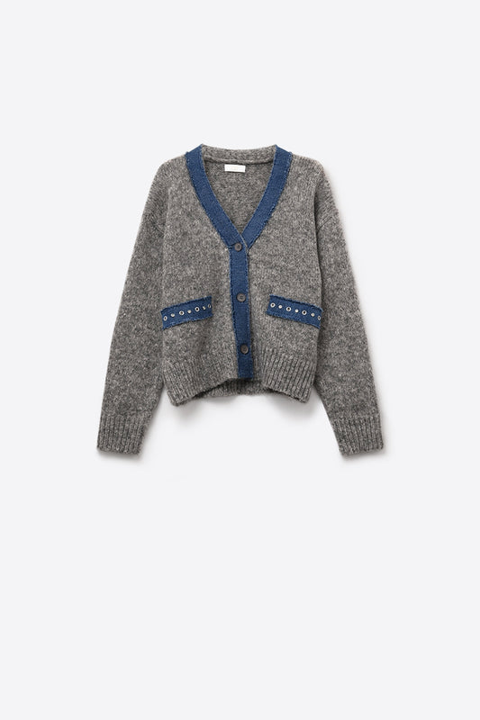Q2 cardigan grigio con dettagli in tessuto denim