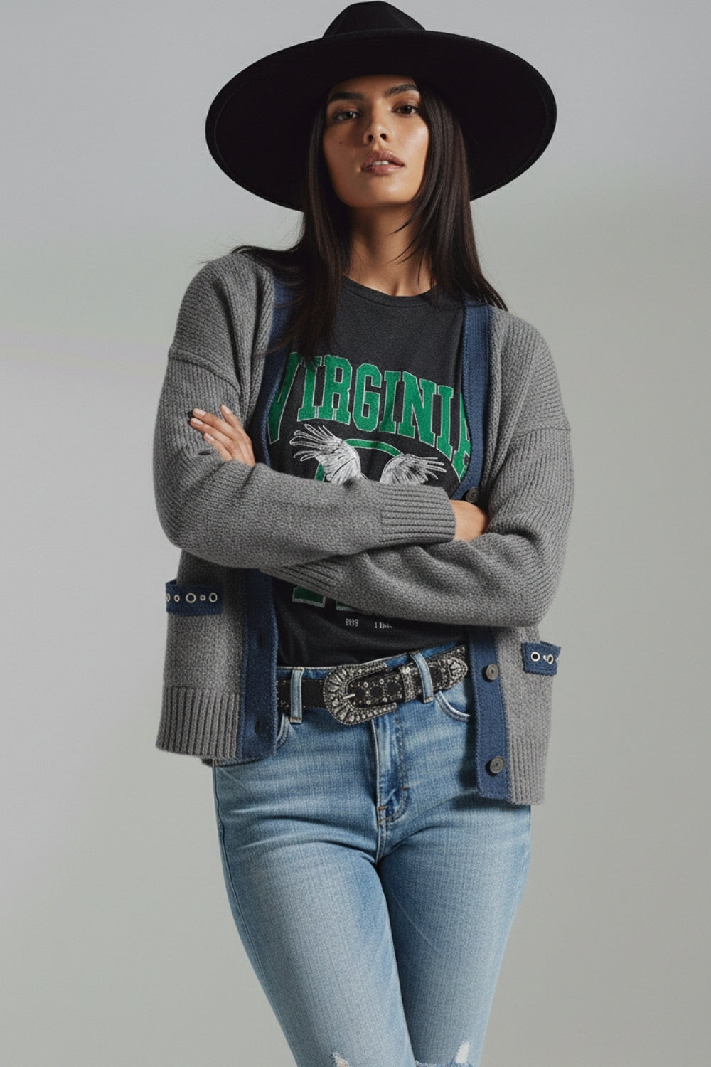 cardigan grigio con dettagli in tessuto denim