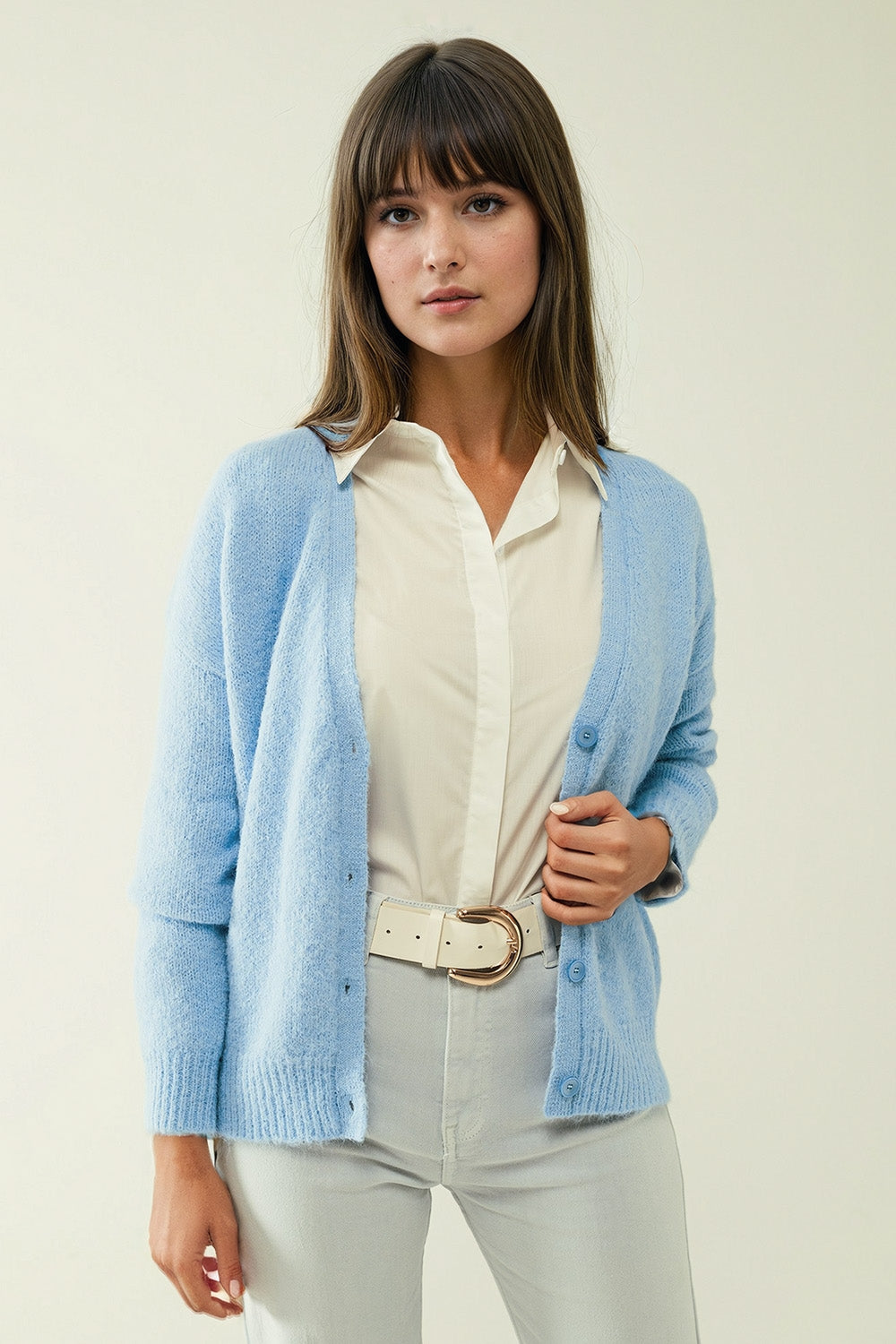 Q2 Cardigan in maglia blu con ampio scollo a V e chiusura a bottoni