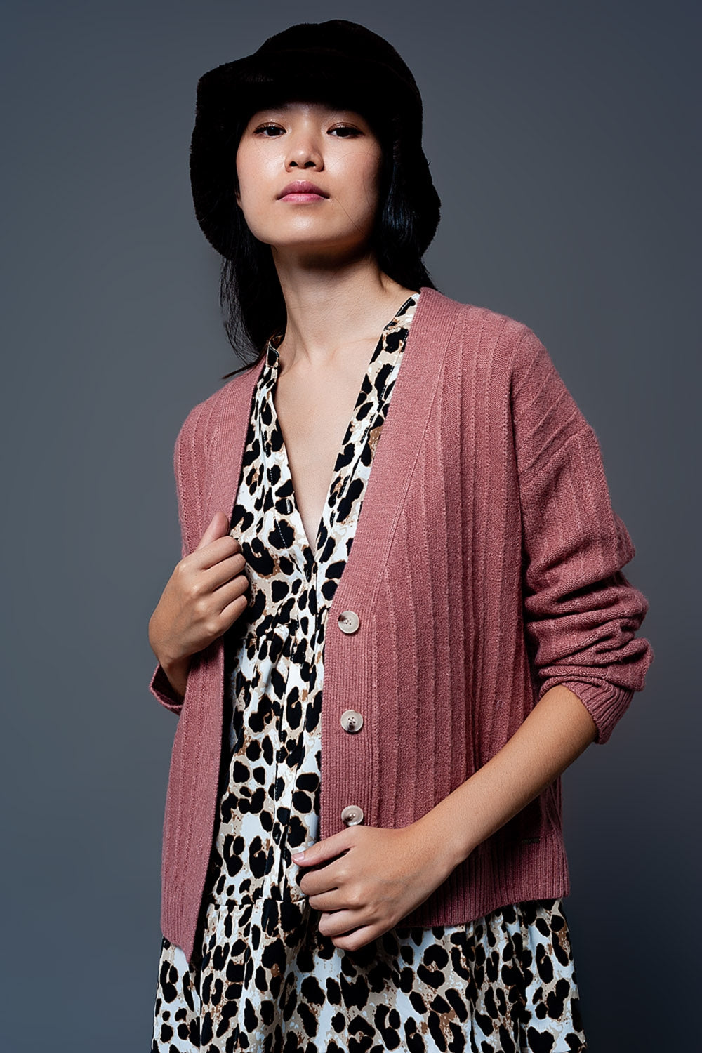 Q2 Cardigan in maglia con maniche a palloncino colore rosa