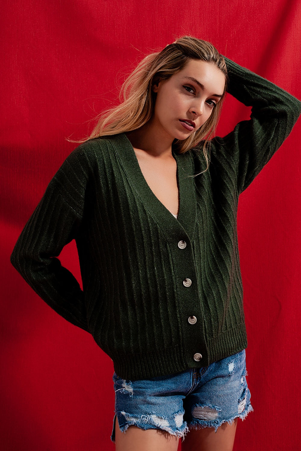 Cardigan in maglia con maniche a palloncino colore verde