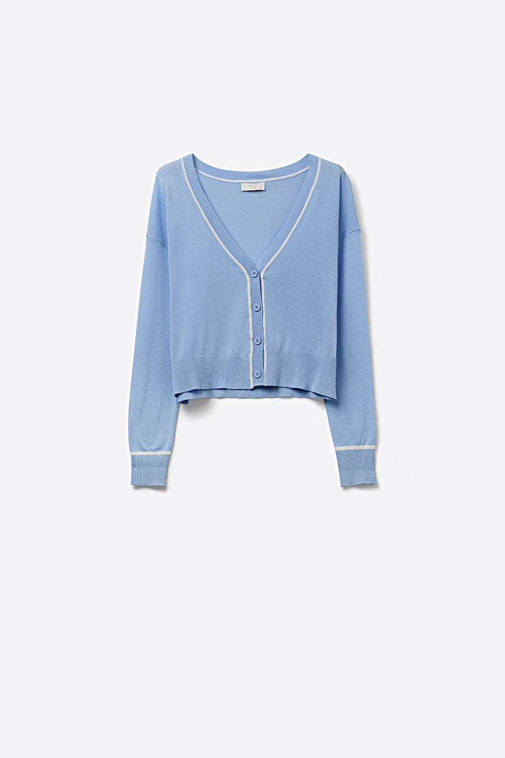 Q2 Cardigan in maglia fine blu baby con rifiniture a contrasto in bianco