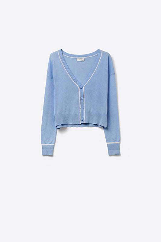 Q2 Cardigan in maglia fine blu baby con rifiniture a contrasto in bianco