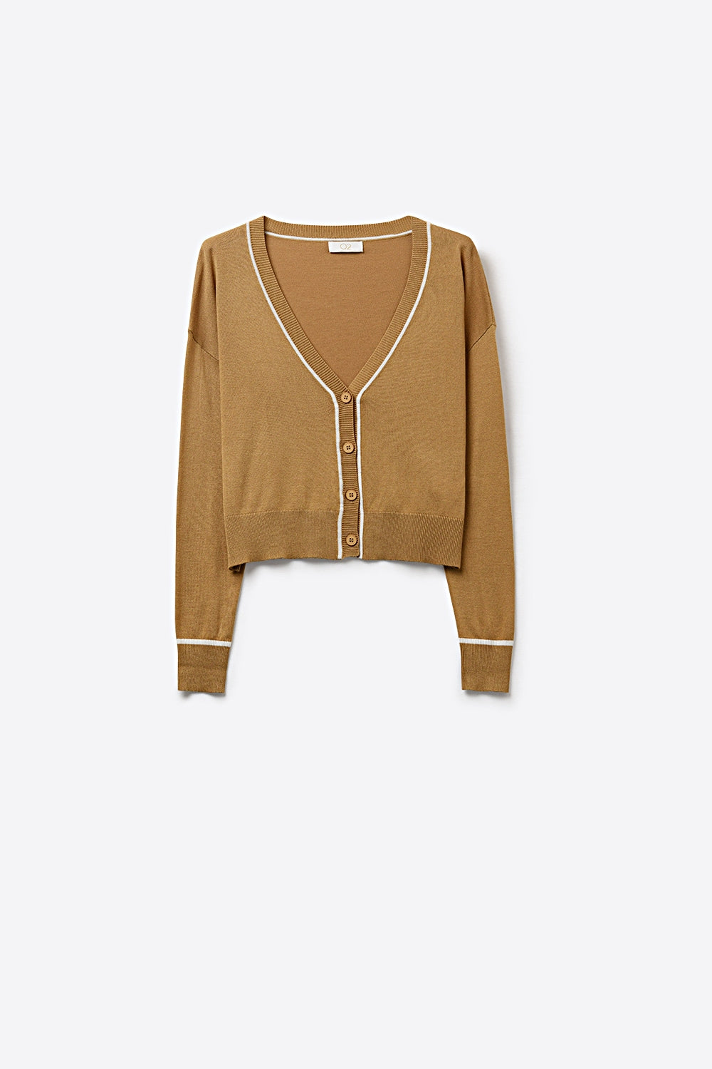 Q2 Cardigan in maglia fine color cammello con rifiniture a contrasto in bianco