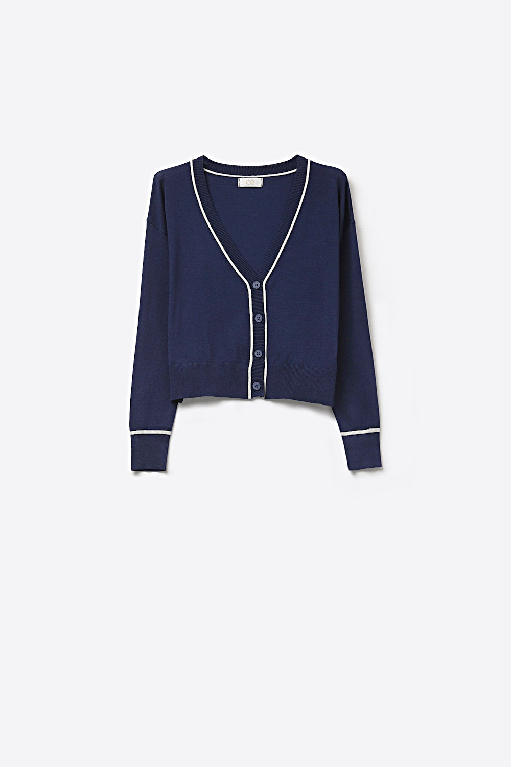 Q2 Cardigan in maglia fine Navy con rifiniture a contrasto in bianco