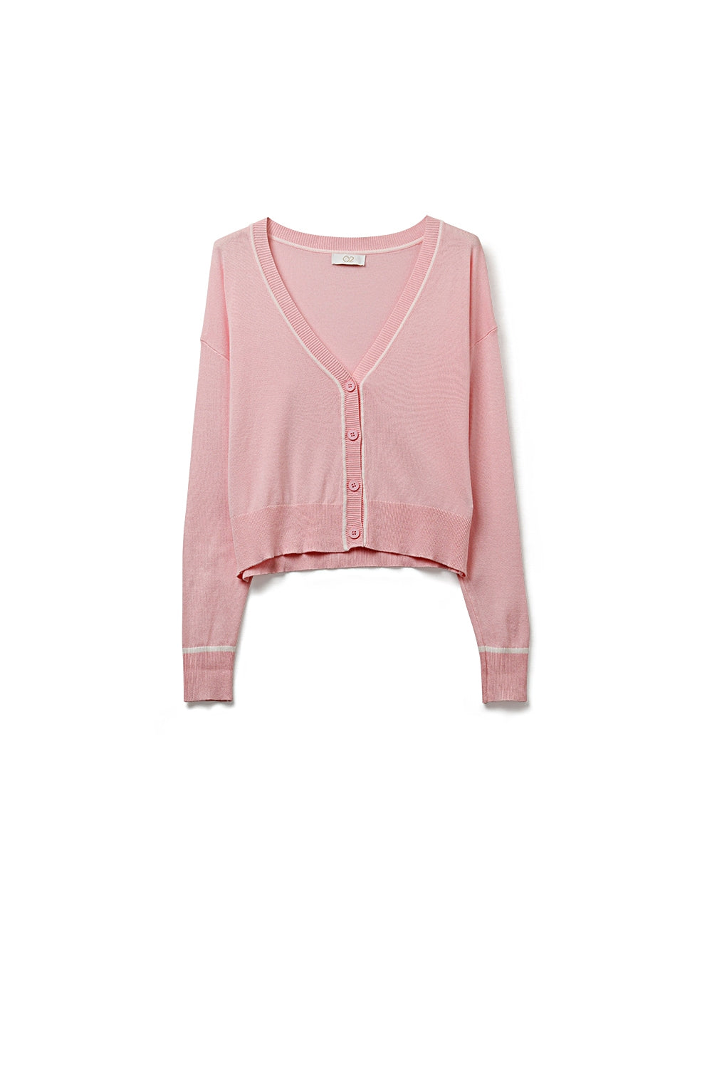 Q2 Cardigan in maglia fine rosa con rifiniture a contrasto in bianco
