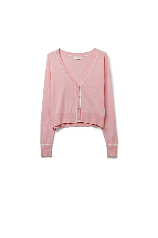 Q2 Cardigan in maglia fine rosa con rifiniture a contrasto in bianco