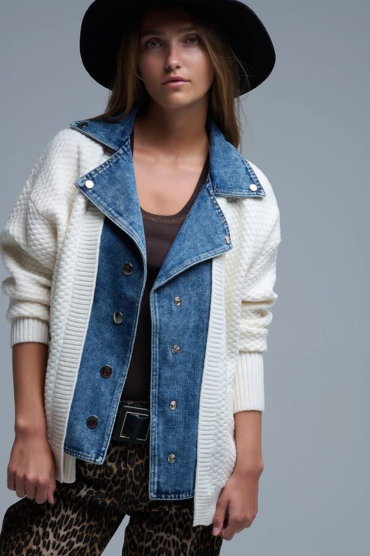 Q2 Cardigan in maglia waffle bianco con interno in denim blu a maglia grossa