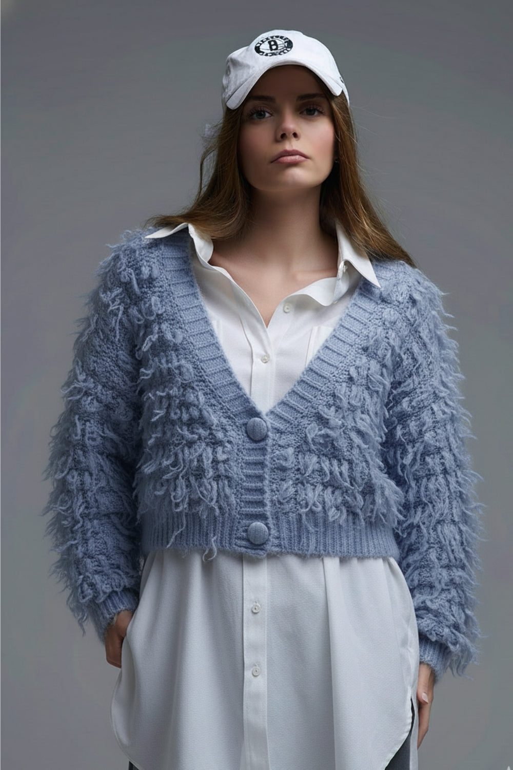 Q2 Cardigan in morbida maglia a maglia grossa in stile shag in blu