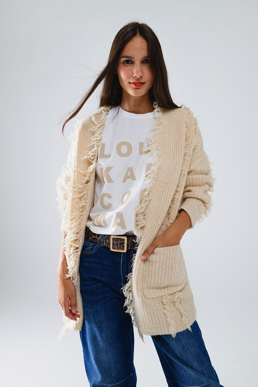 Q2 Cardigan invecchiato Boho ecru con tasche frontali