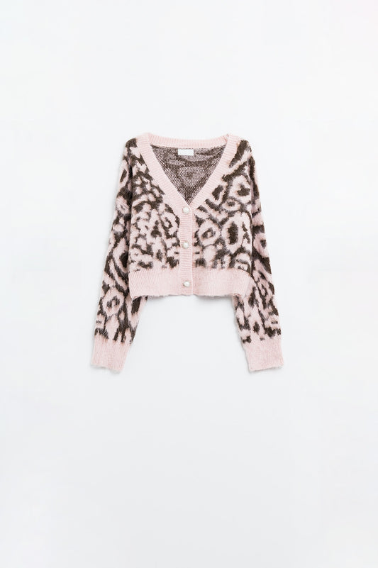 Q2 cardigan leopardato con lana in rosa