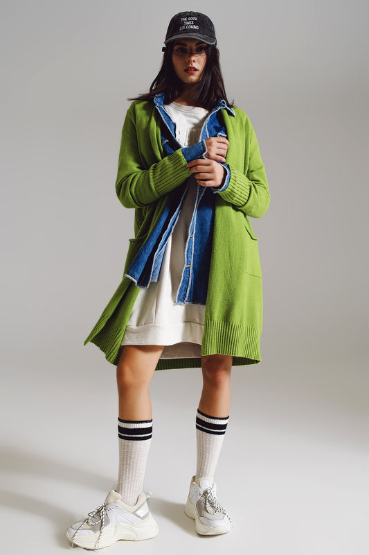 Q2 Cardigan lungho verde con tasche ripiegabili