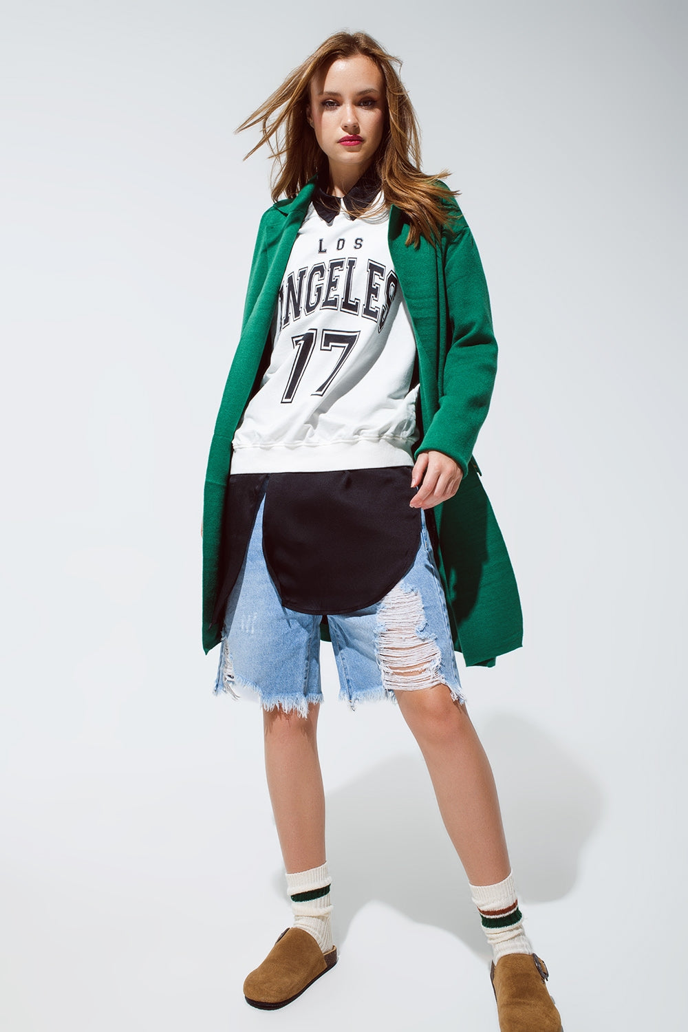 Q2 Cardigan lungo con collo oversize in verde