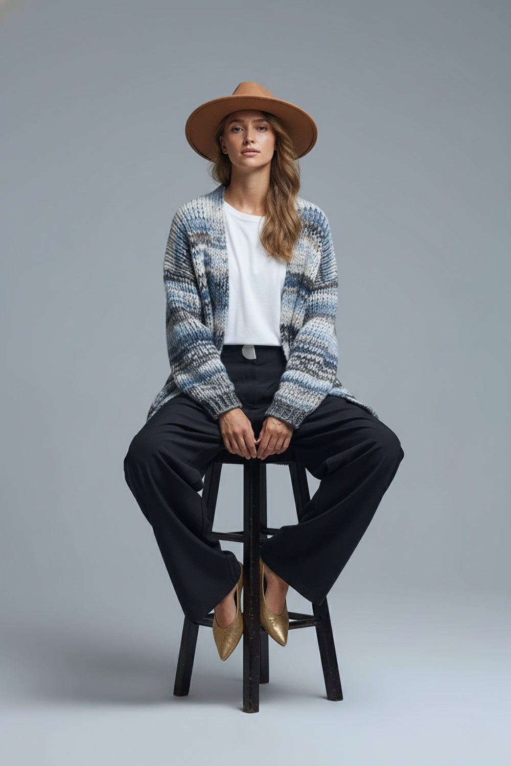 Cardigan lungo oversize a righe screziate con tasche in blu