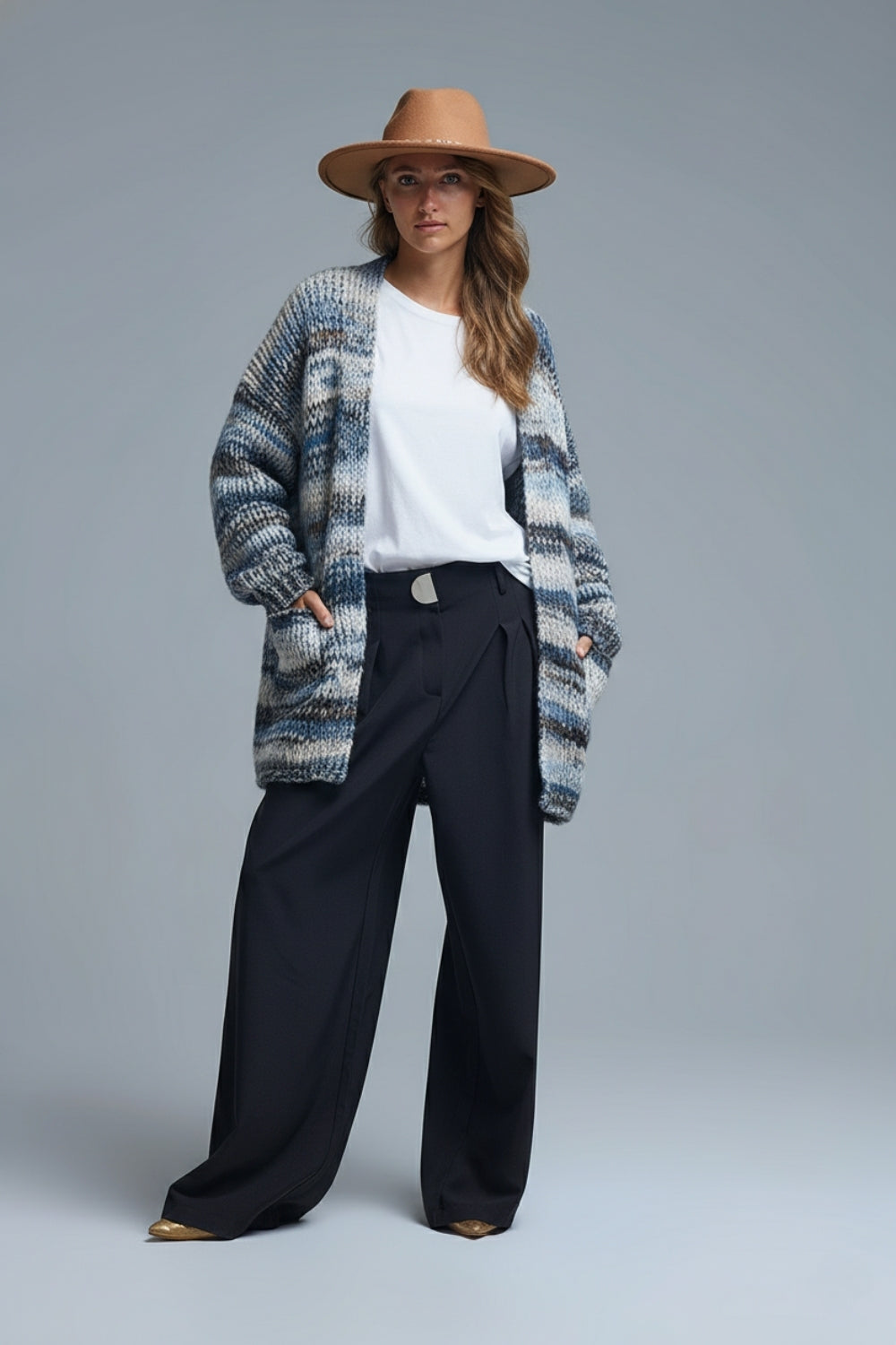 Cardigan lungo oversize a righe screziate con tasche in blu
