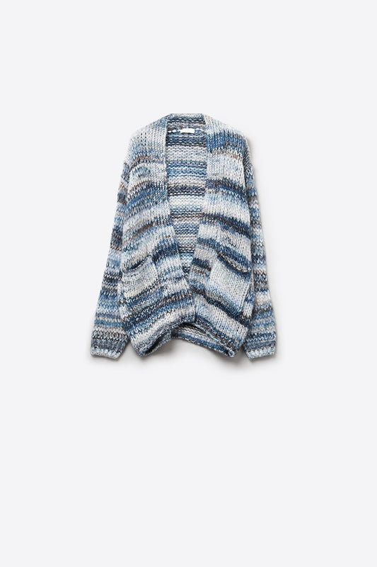 Q2 Cardigan lungo oversize a righe screziate con tasche in blu