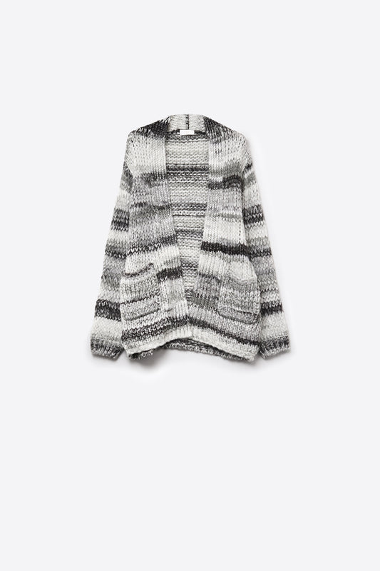 Q2 Cardigan lungo oversize a righe screziate con tasche in nero