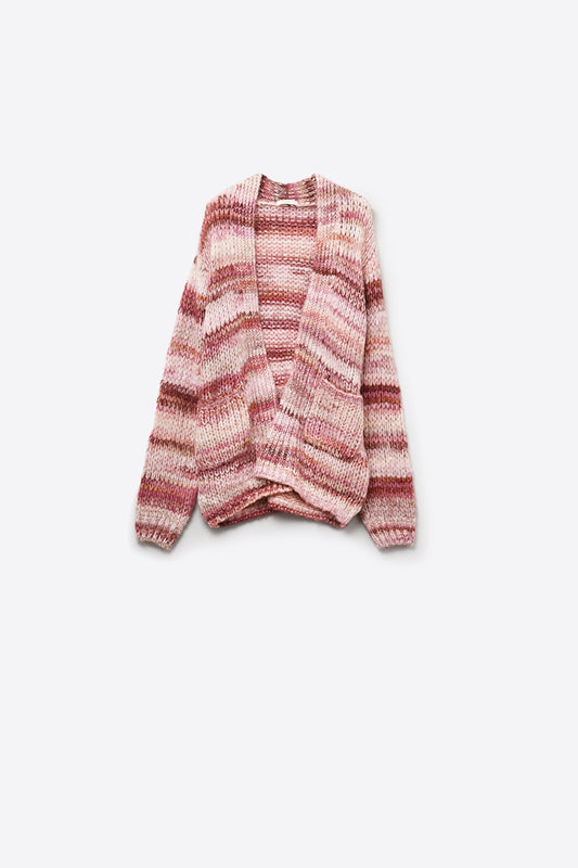 Q2 Cardigan lungo oversize a righe screziate con tasche in rosa