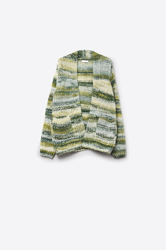 Q2 Cardigan lungo oversize a righe screziate con tasche in verde