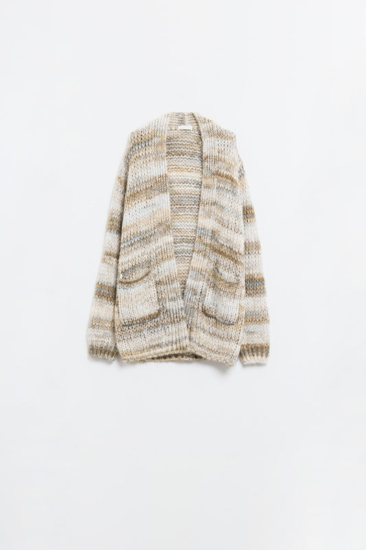 Q2 Cardigan lungo oversize a righe screziate con tasche