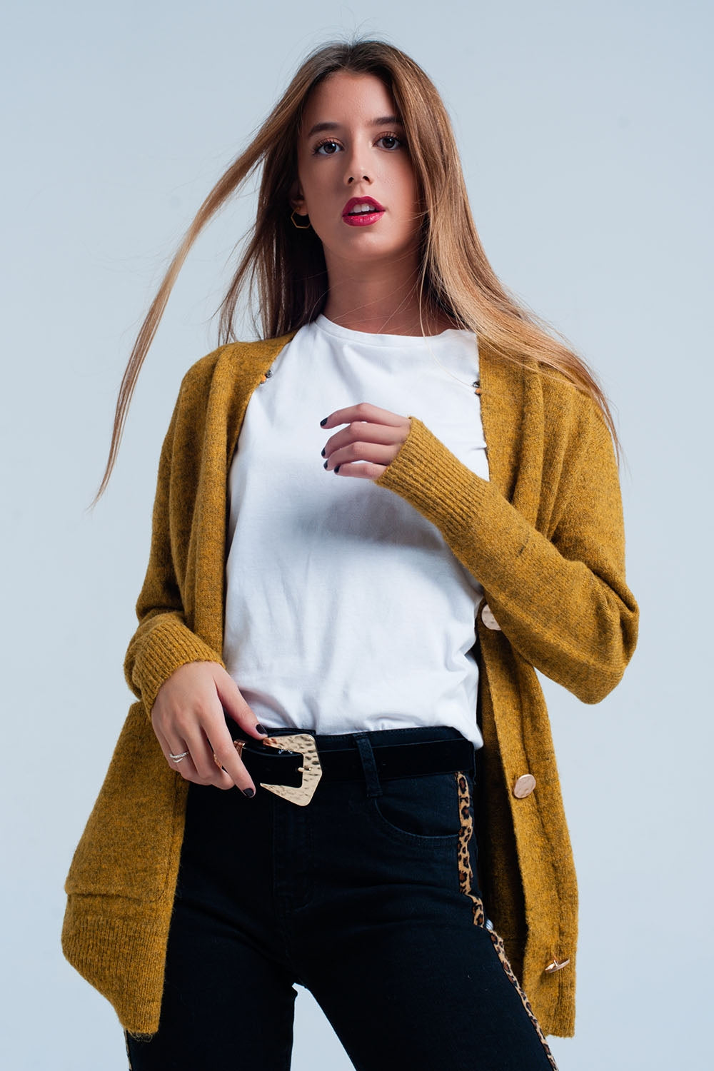 Cardigan Mustard lavorato con bottoni dorati