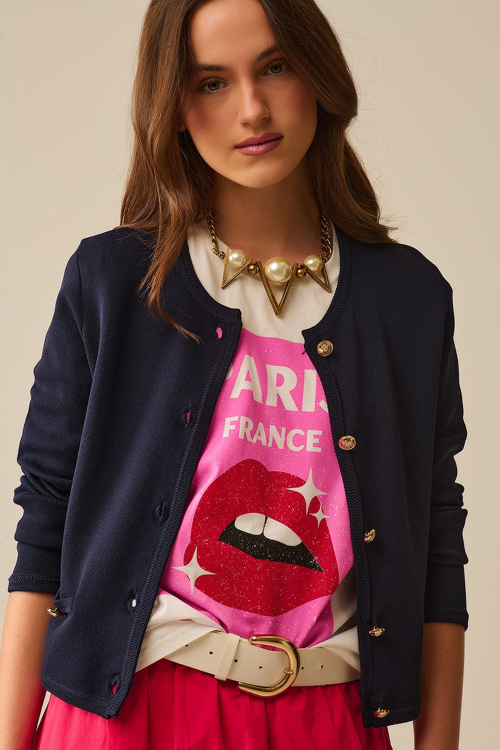 Q2 Cardigan navy con bottoni dorati
