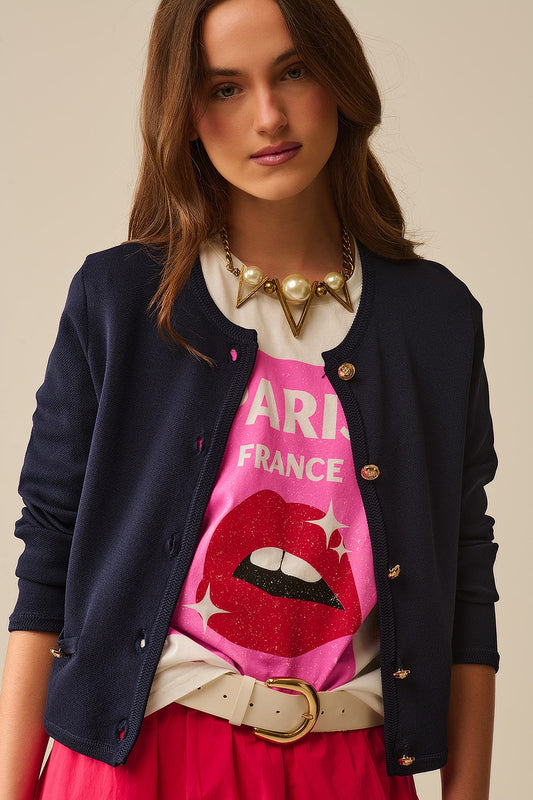 Q2 Cardigan navy con bottoni dorati