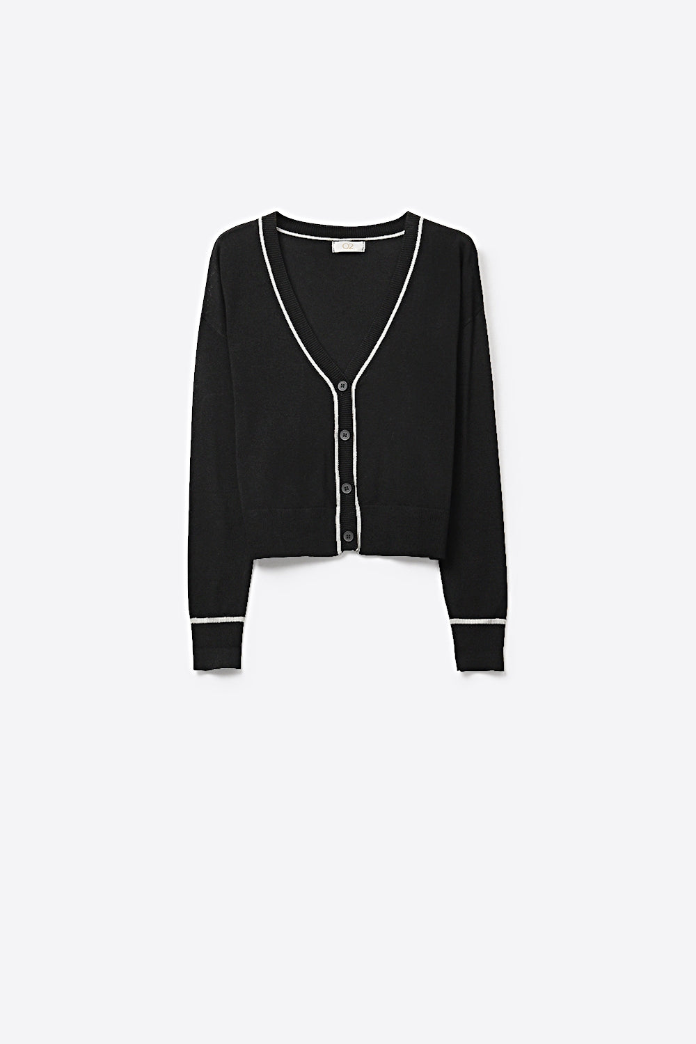 Q2 Cardigan nero a maglia fine con rifiniture a contrasto in bianco