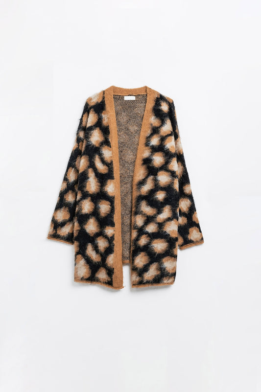 Q2 cardigan nero con stampa leopardata in tessuto lavorato a maglia con lana