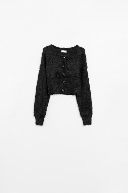 Q2 Cardigan nero corto e soffice con bottoni a fiore
