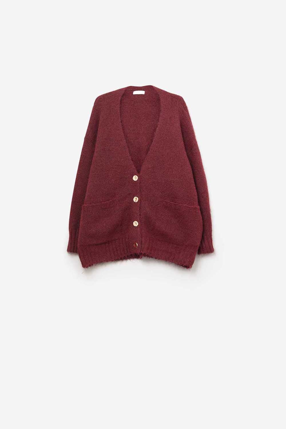 Cardigan oversize in bordeaux con tasche e bottoni dorati