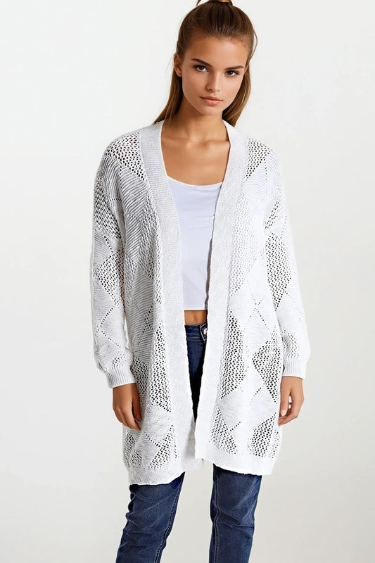 Q2 Cardigan panna drappeggiato con disegno all'uncinetto
