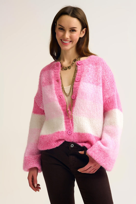 Q2 Cardigan rosa a maglia grossa con texture morbida e abbottonatura anteriore
