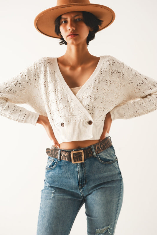 Q2 Cardigan traforato in maglia crema