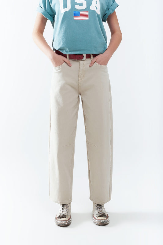 Q2 comodi jeans elasticizzati con gamba a botte in beige