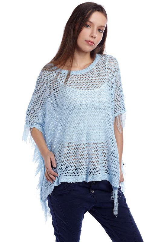 Q2 Coprispalle a poncho con frange blu