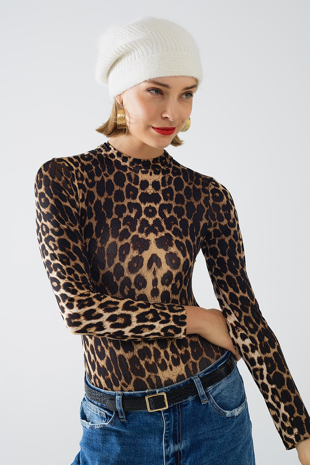 Q2 Corpo in Spandex con stampa leopardo e maniche lunghe