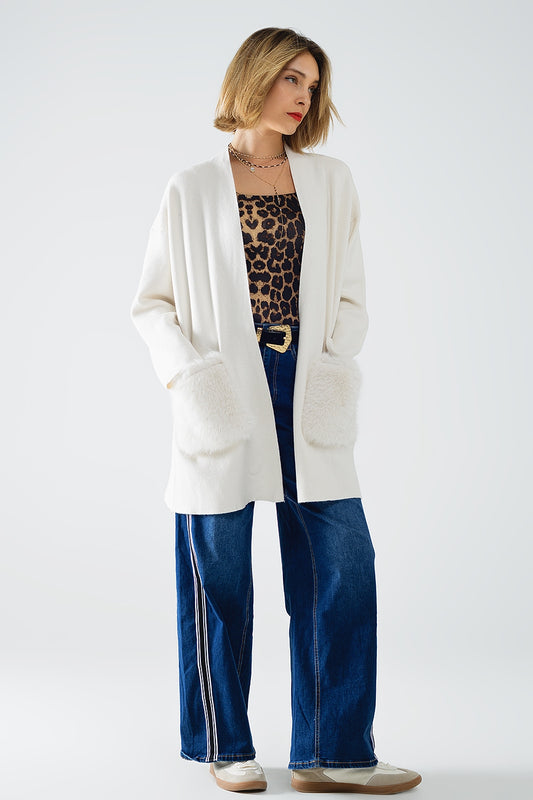 Q2 crema Maxi cardigan in maglia di alta qualità con tasche in pelliccia