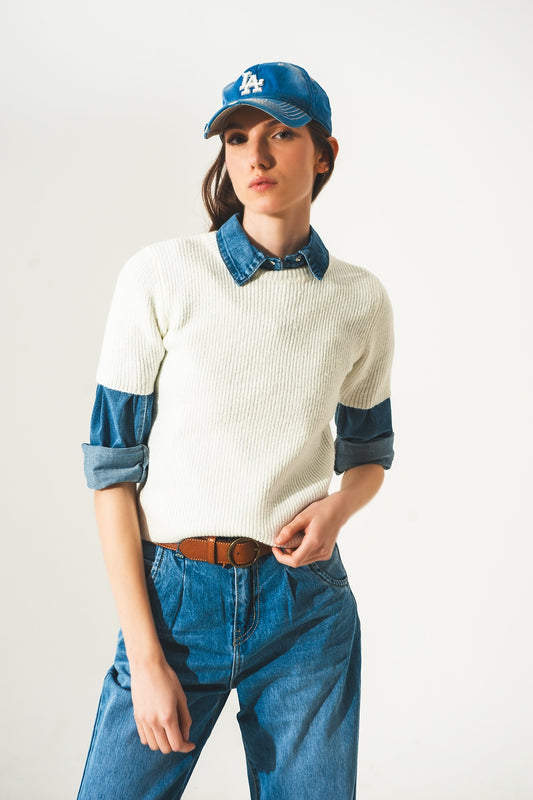 Q2 Crop top a maniche corte a coste in crema