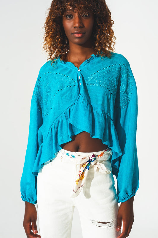 Q2 Crop top con volants e ricamo in blu
