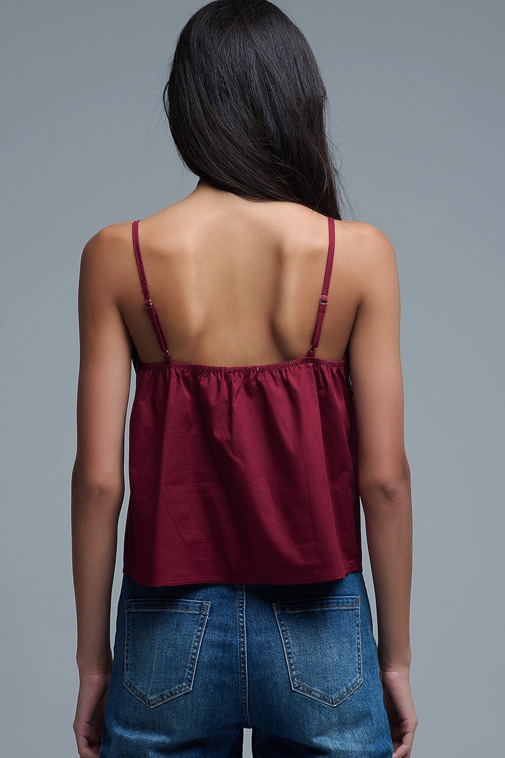 Crop top in popeline bordeaux con fiocco