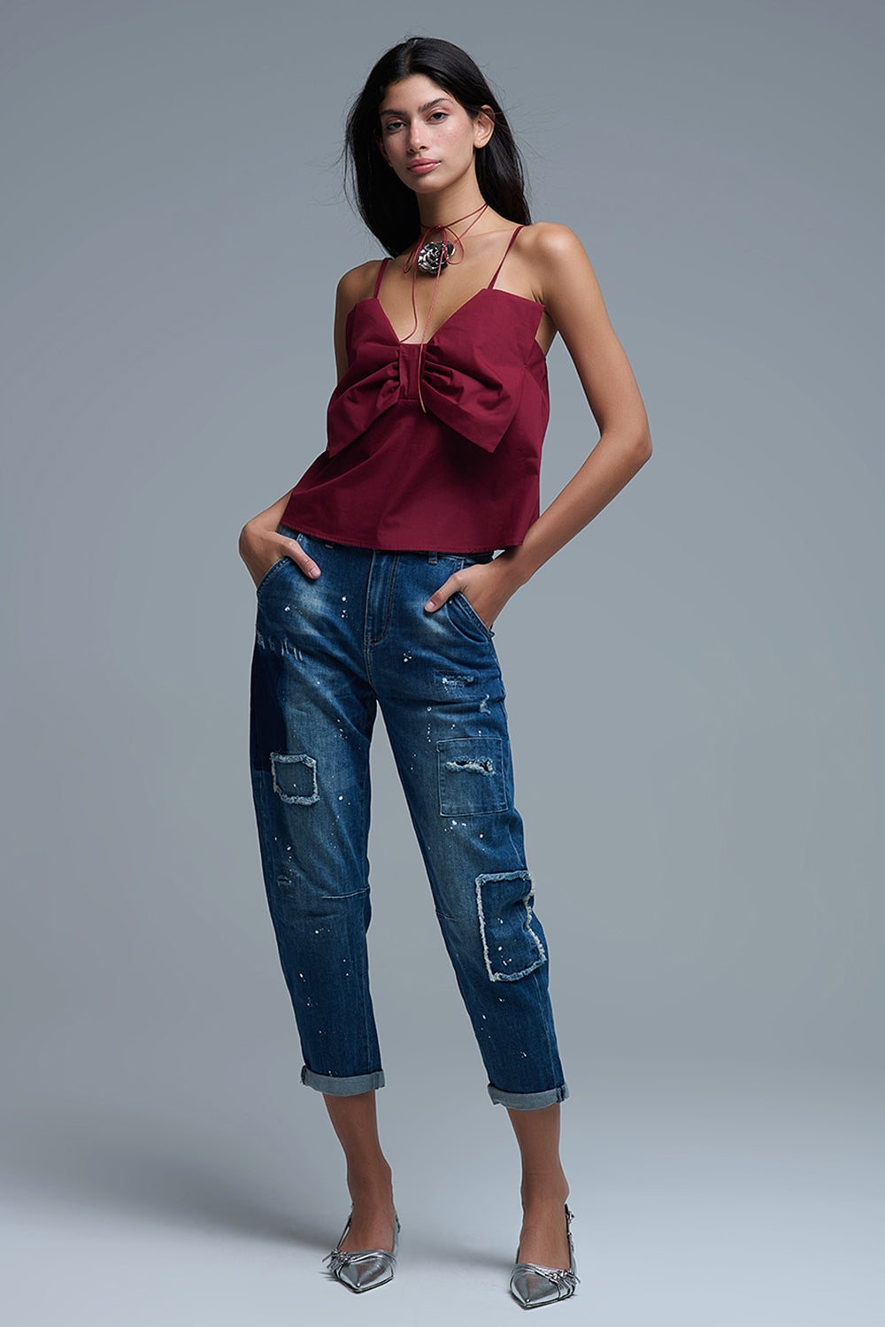 Crop top in popeline bordeaux con fiocco