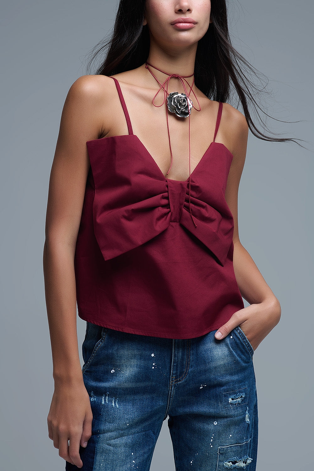 Crop top in popeline bordeaux con fiocco