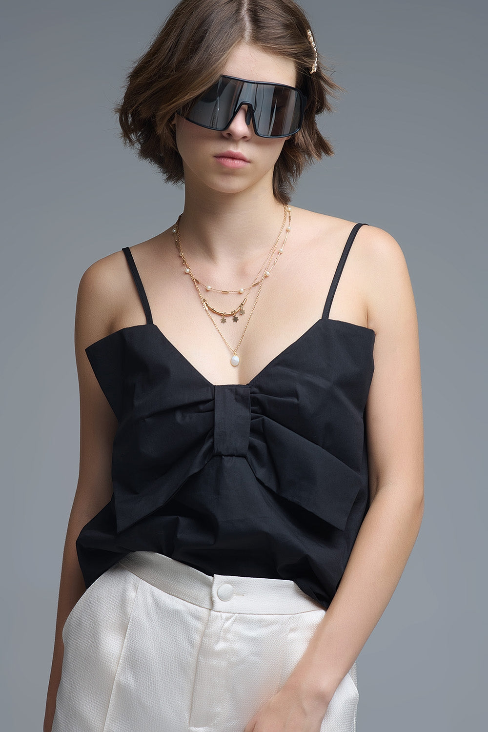 Crop top in popeline nero con fiocco