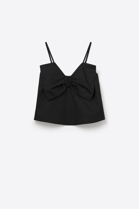 Crop top in popeline nero con fiocco
