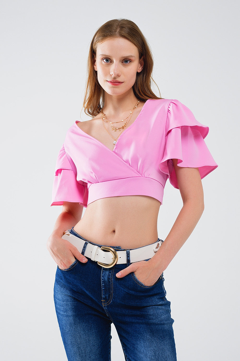 Crop Top rosa con maniche corte e scollo a V